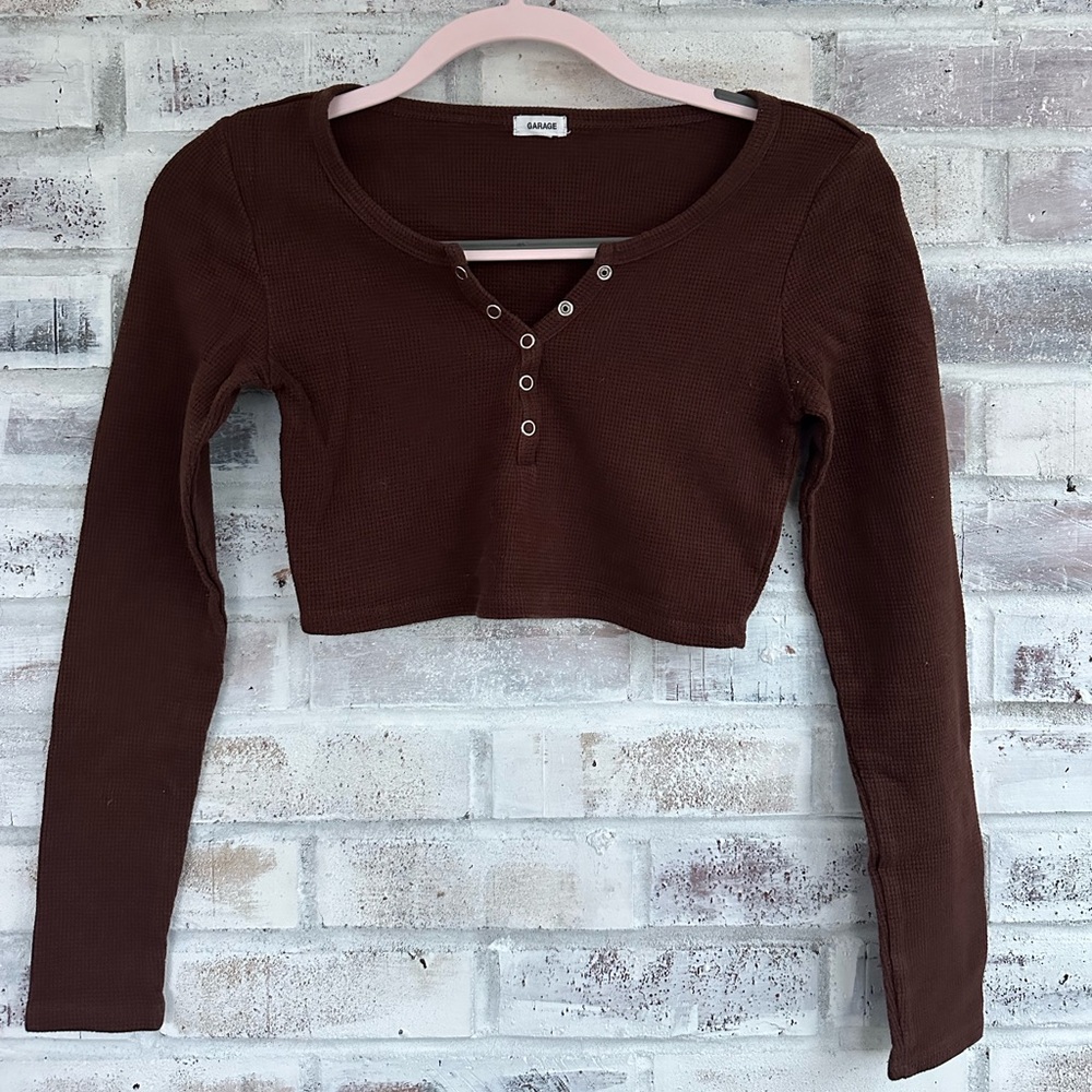 Garage Chocolate Brown Plunge Henley Long Sleeve Top.